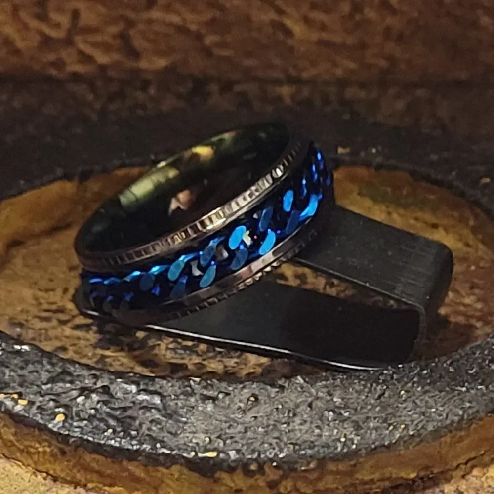 Men's Blue Chain Spinner Promise Ring - Guy's Fidget Ring - Anxiety Ring For Men